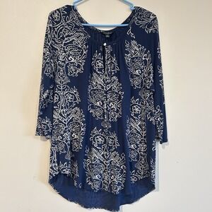 Lucky Brand Tunic Blouse Sz L Blue White Boho Floral Flowy Lightweight